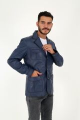 DERİNSS DER233 Hakiki Deri Erkek Mavi Blazer Ceket
