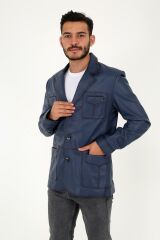 DERİNSS DER233 Hakiki Deri Erkek Mavi Blazer Ceket