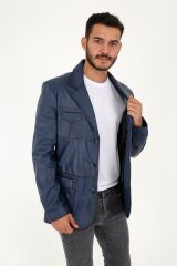 DERİNSS DER233 Hakiki Deri Erkek Mavi Blazer Ceket