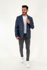 DERİNSS DER233 Hakiki Deri Erkek Mavi Blazer Ceket