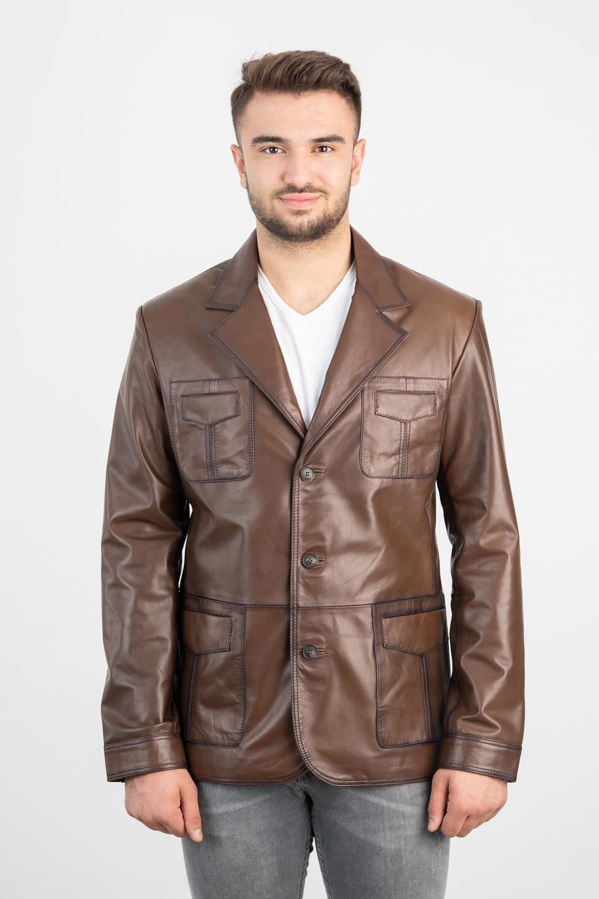 DERİNSS DER233 Hakiki Deri Erkek Taba Blazer Ceket