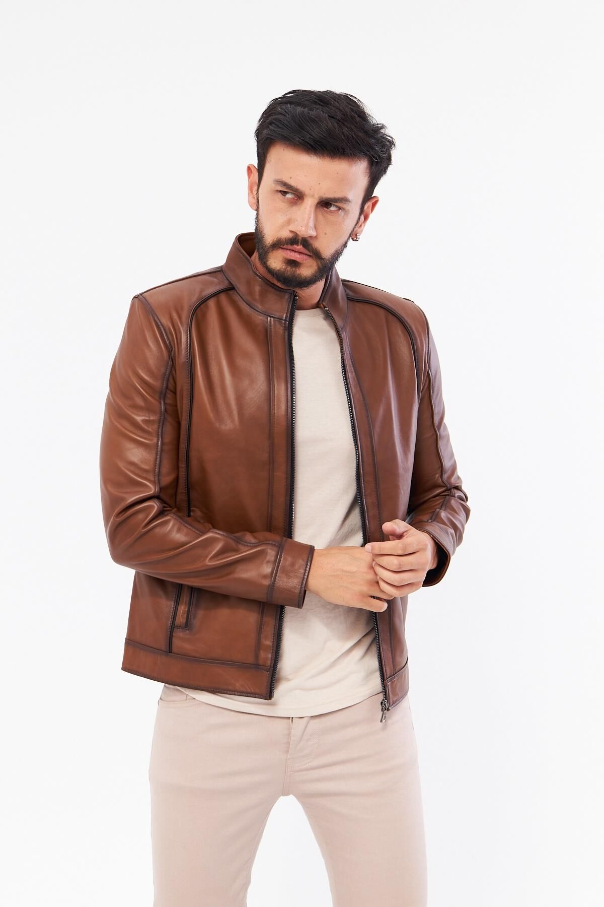 DERİNSS DER198 Hakiki Deri Erkek Taba Mont