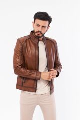 DERİNSS DER198 Hakiki Deri Erkek Taba Mont