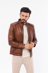 DERİNSS DER198 Hakiki Deri Erkek Taba Mont