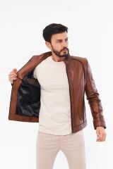 DERİNSS DER198 Hakiki Deri Erkek Taba Mont