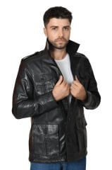 DERİNSS DER244 Hakiki Deri Erkek Siyah Safari Ceket