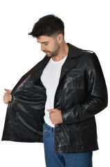 DERİNSS DER244 Hakiki Deri Erkek Siyah Safari Ceket