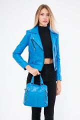 DERİNSS DKT1249 Hakiki Deri Kadın Mavi Deri Mont & Çanta Kombin