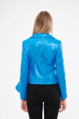 DERİNSS DKT1249 Hakiki Deri Kadın Mavi Deri Mont & Çanta Kombin