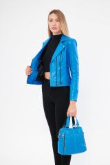 DERİNSS DKT1249 Hakiki Deri Kadın Mavi Deri Mont & Çanta Kombin
