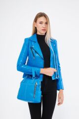 DERİNSS DKT1249 Hakiki Deri Kadın Mavi Deri Mont & Çanta Kombin