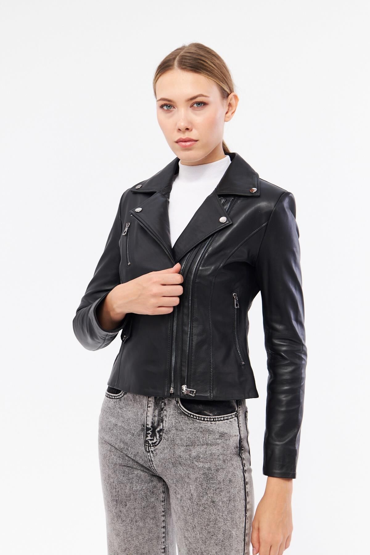 DERİNSS DKA1202 Hakiki Deri Kadın Siyah Mont