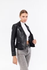 DERİNSS DKA1202 Hakiki Deri Kadın Siyah Mont