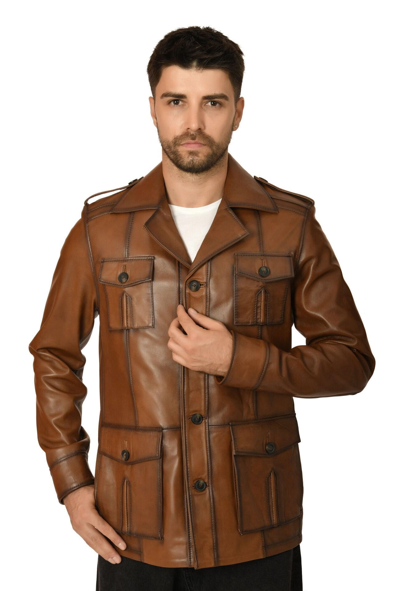 DERİNSS DER244 Hakiki Deri Erkek Taba Safari Ceket