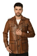 DERİNSS DER244 Hakiki Deri Erkek Taba Safari Ceket