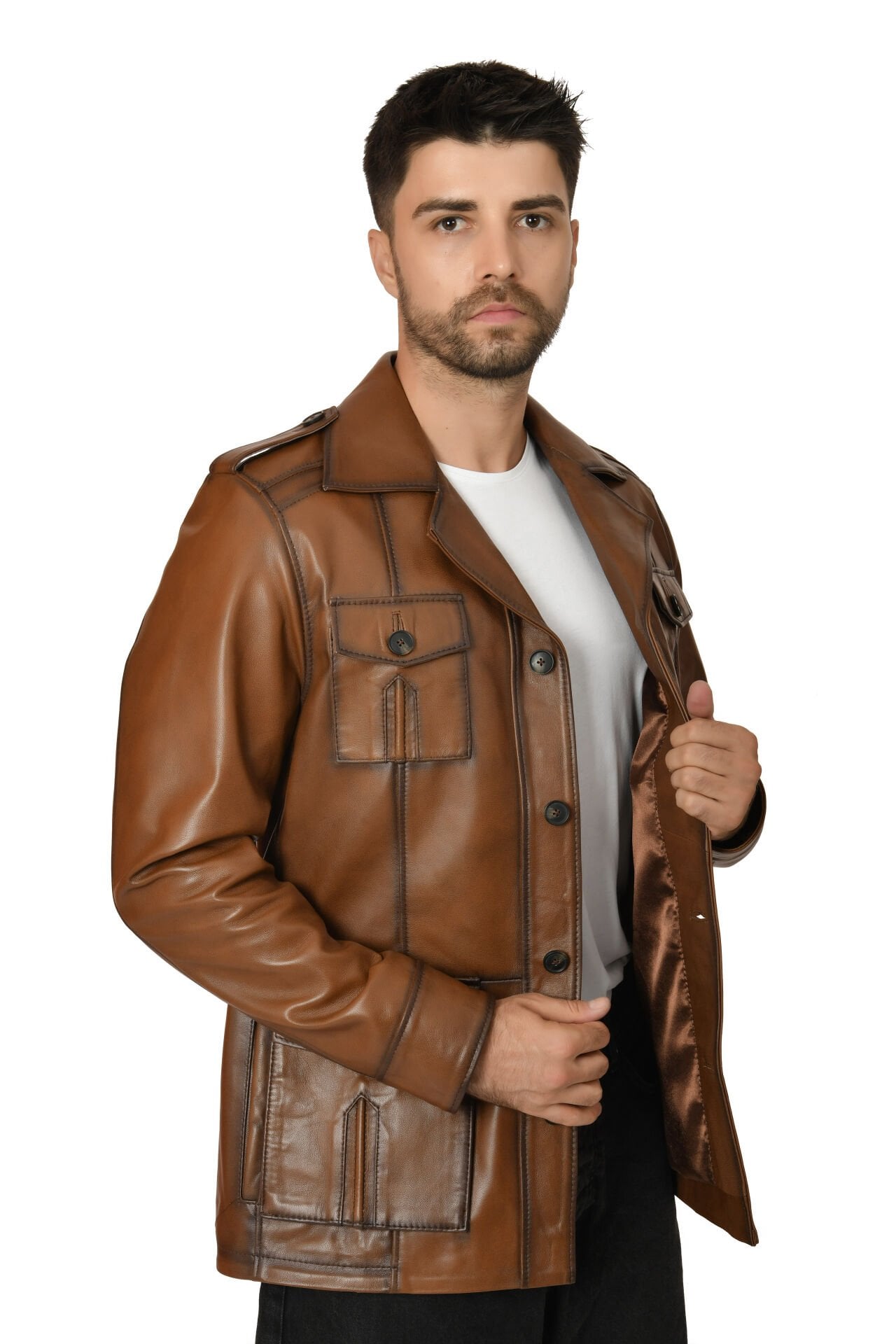 DERİNSS DER244 Hakiki Deri Erkek Taba Safari Ceket