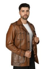 DERİNSS DER244 Hakiki Deri Erkek Taba Safari Ceket