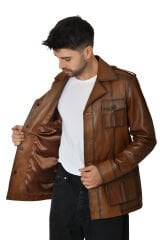 DERİNSS DER244 Hakiki Deri Erkek Taba Safari Ceket