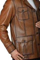 DERİNSS DER244 Hakiki Deri Erkek Taba Safari Ceket