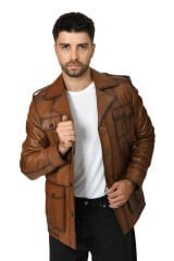 DERİNSS DER244 Hakiki Deri Erkek Taba Safari Ceket