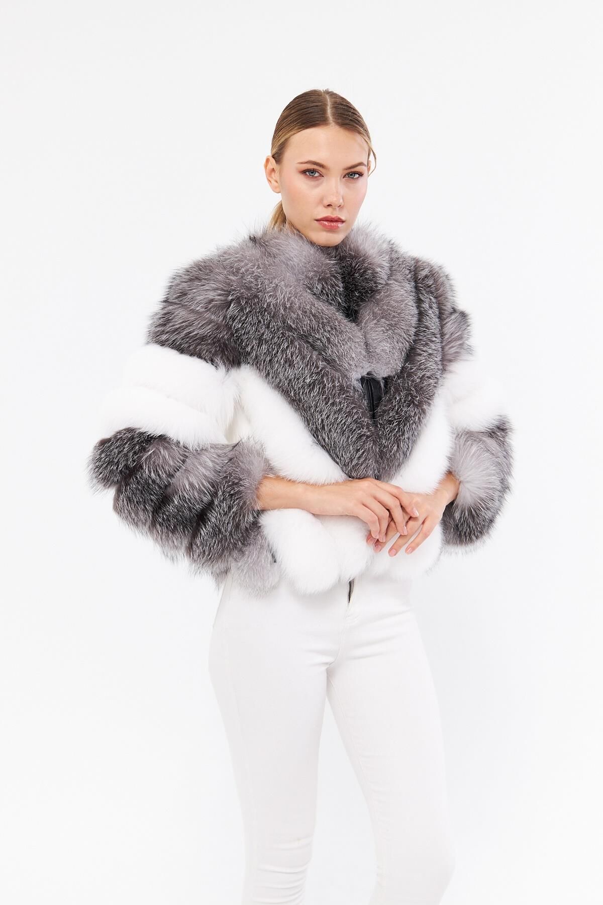 DERİNSS DKA0311 Gri Frost Hakiki Kürk Kadın Mont