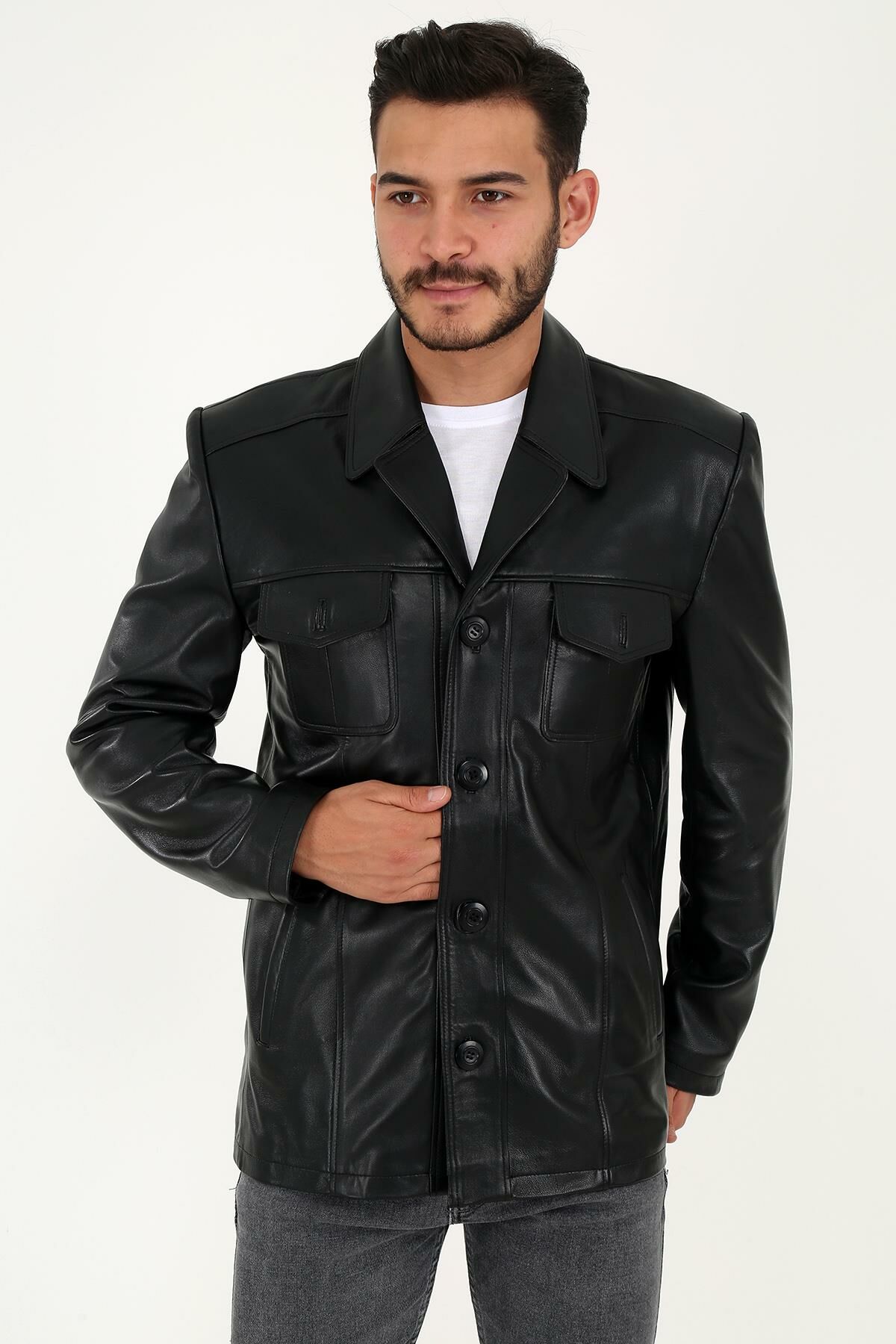 DERİNSS DER216 Hakiki Deri Erkek Siyah Mont