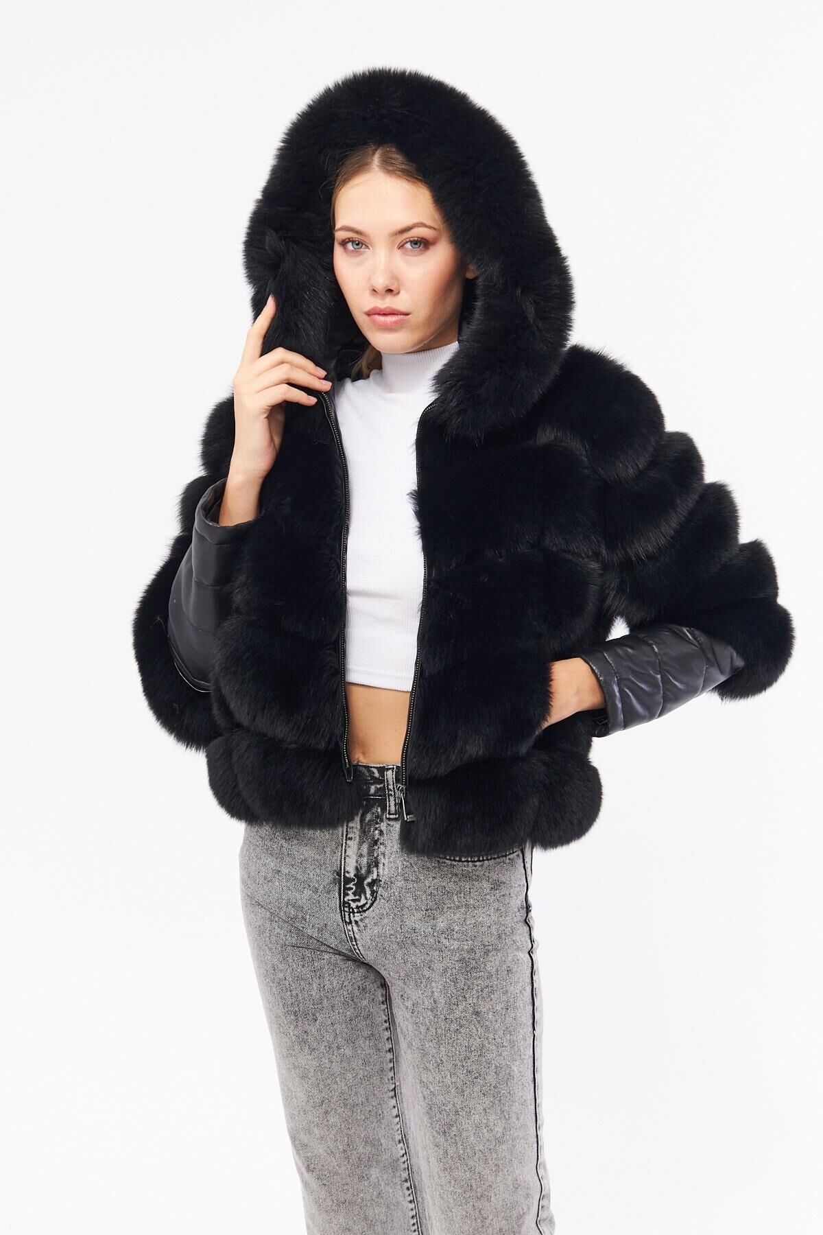 DERİNSS DKA0377 Siyah Arjante Hakiki Kürk Kadın Mont