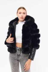 DERİNSS DKA0377 Siyah Arjante Hakiki Kürk Kadın Mont