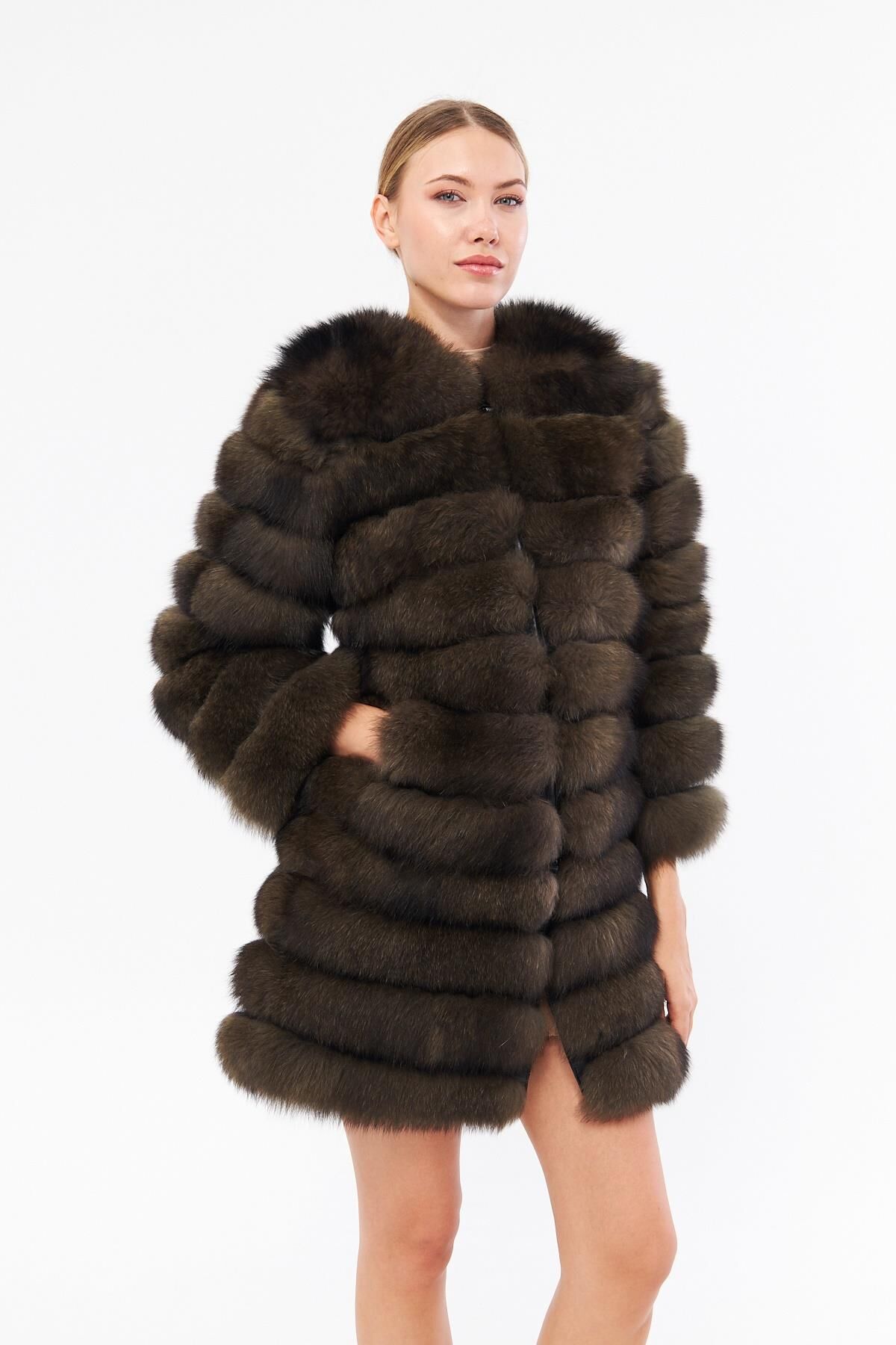 DERİNSS DKA0350 Kahverengi Frost Hakiki Kürk Kadın Kaban