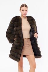 DERİNSS DKA0350 Kahverengi Frost Hakiki Kürk Kadın Kaban