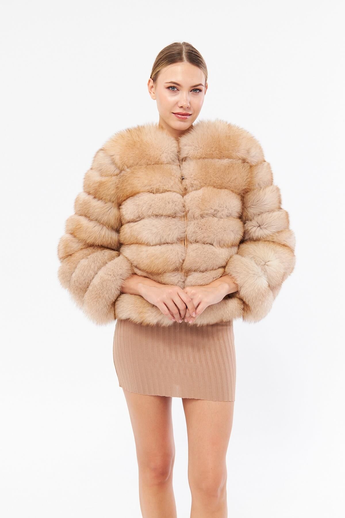 DERİNSS DKA0350 Bej Frost Hakiki Kürk Kadın Kaban