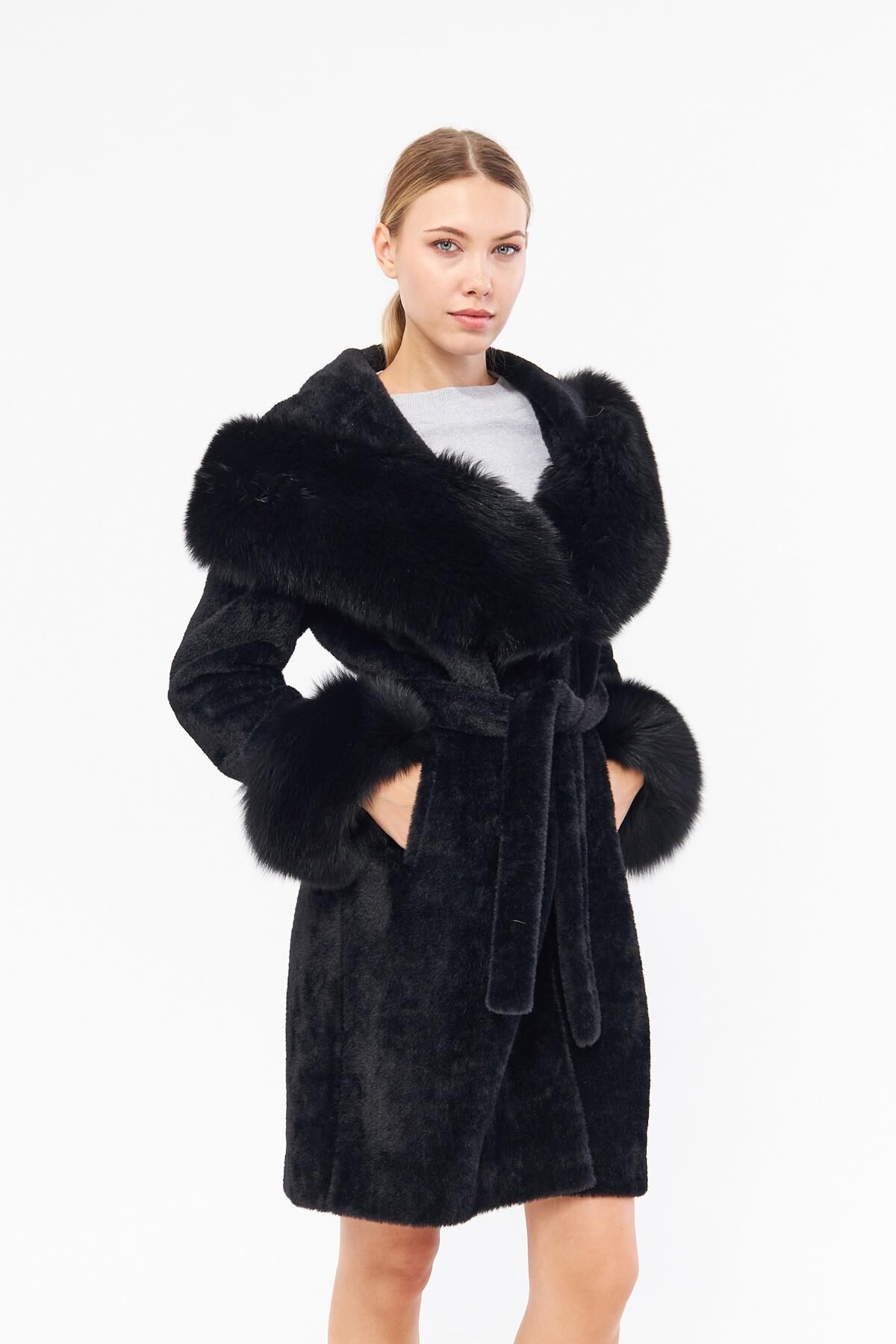 DERİNSS DKA0115 Siyah Alcantara Hakiki Kürk Kadın Kaban