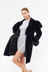 DERİNSS DKA0115 Siyah Alcantara Hakiki Kürk Kadın Kaban