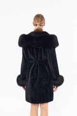 DERİNSS DKA0115 Siyah Alcantara Hakiki Kürk Kadın Kaban