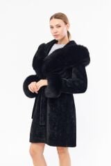 DERİNSS DKA0115 Siyah Alcantara Hakiki Kürk Kadın Kaban