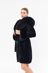 DERİNSS DKA0115 Siyah Alcantara Hakiki Kürk Kadın Kaban