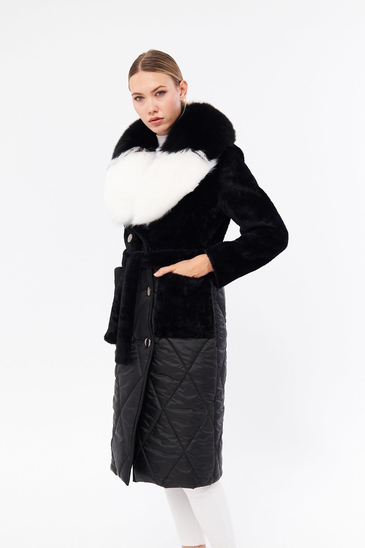 DERİNSS DKA0123 Siyah Alcantara Hakiki Kürk Kadın Kaban