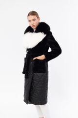 DERİNSS DKA0123 Siyah Alcantara Hakiki Kürk Kadın Kaban