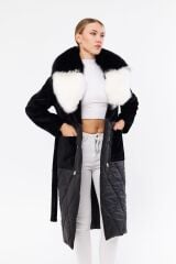 DERİNSS DKA0123 Siyah Alcantara Hakiki Kürk Kadın Kaban