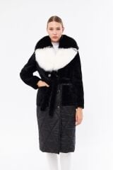 DERİNSS DKA0123 Siyah Alcantara Hakiki Kürk Kadın Kaban