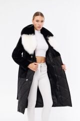 DERİNSS DKA0123 Siyah Alcantara Hakiki Kürk Kadın Kaban