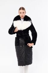 DERİNSS DKA0123 Siyah Alcantara Hakiki Kürk Kadın Kaban