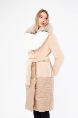 DERİNSS DKA0123 Bej Alcantara Hakiki Kürk Kadın Kaban