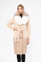 DERİNSS DKA0123 Bej Alcantara Hakiki Kürk Kadın Kaban