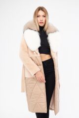 DERİNSS DKA0123 Bej Alcantara Hakiki Kürk Kadın Kaban