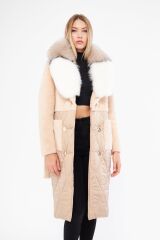 DERİNSS DKA0123 Bej Alcantara Hakiki Kürk Kadın Kaban