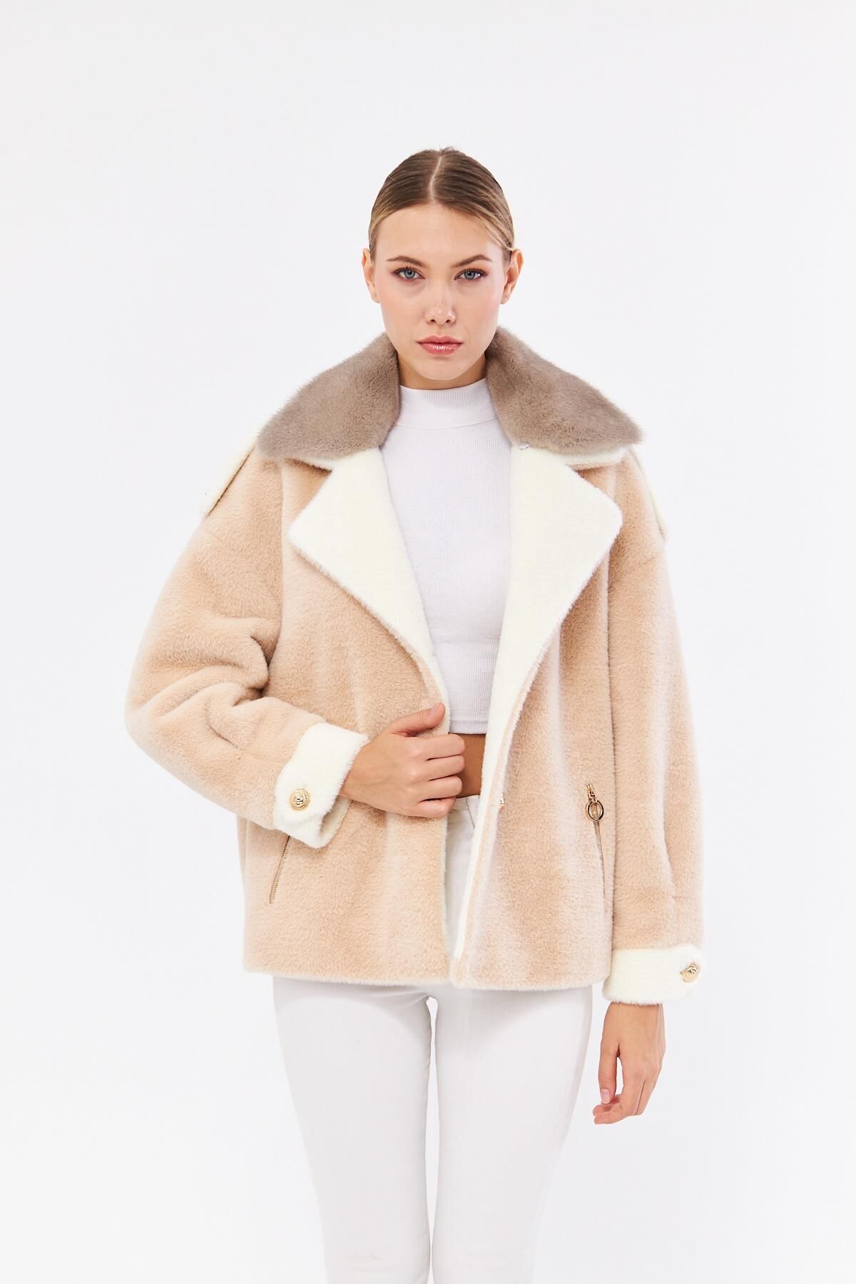 DERİNSS DKA0139 Vizon Alcantara Hakiki Kürk Kadın Mont