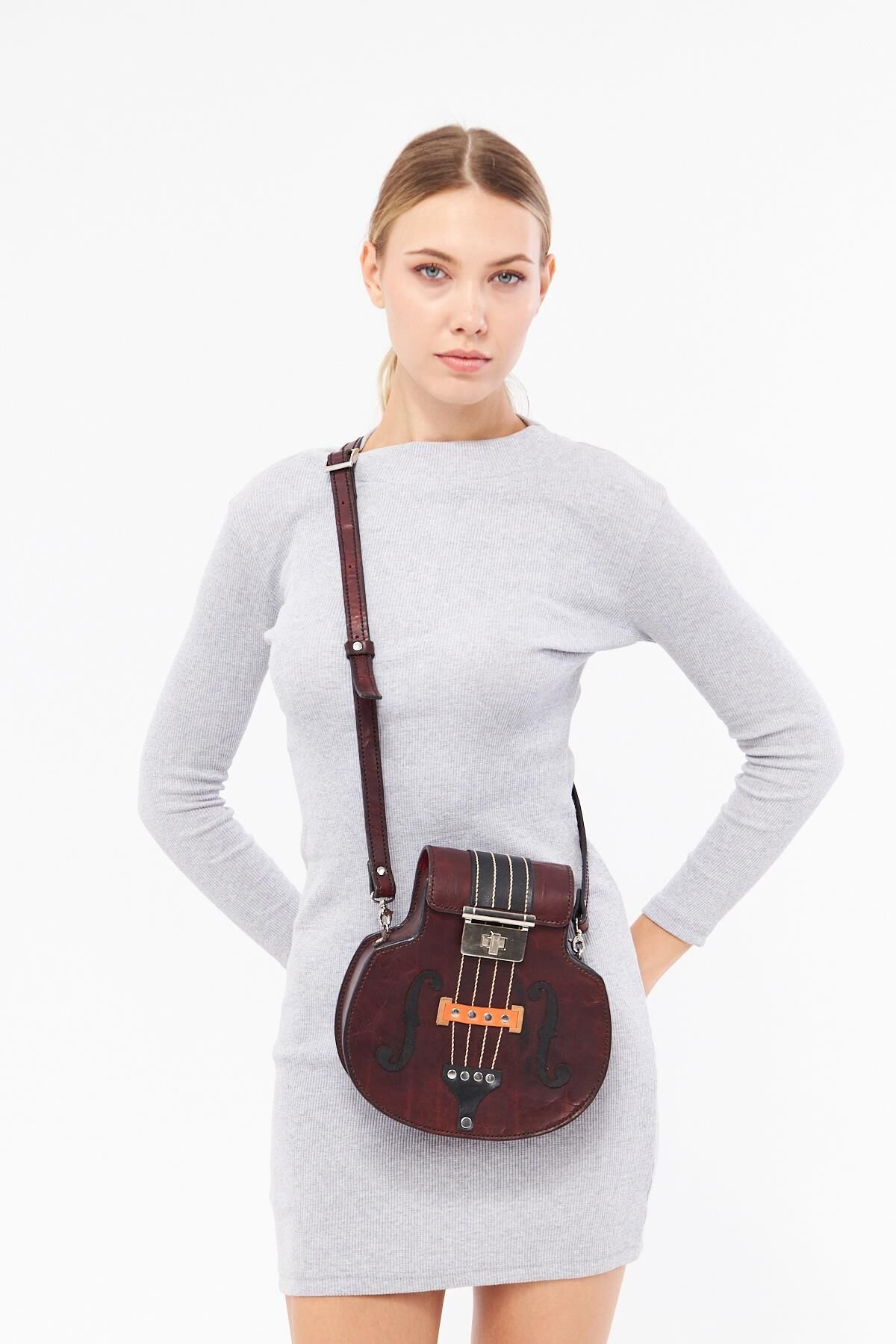 DERİNSS DKB0717 El İşi Hakiki Deri Kahverengi Kadın El ve Omuz Çantası