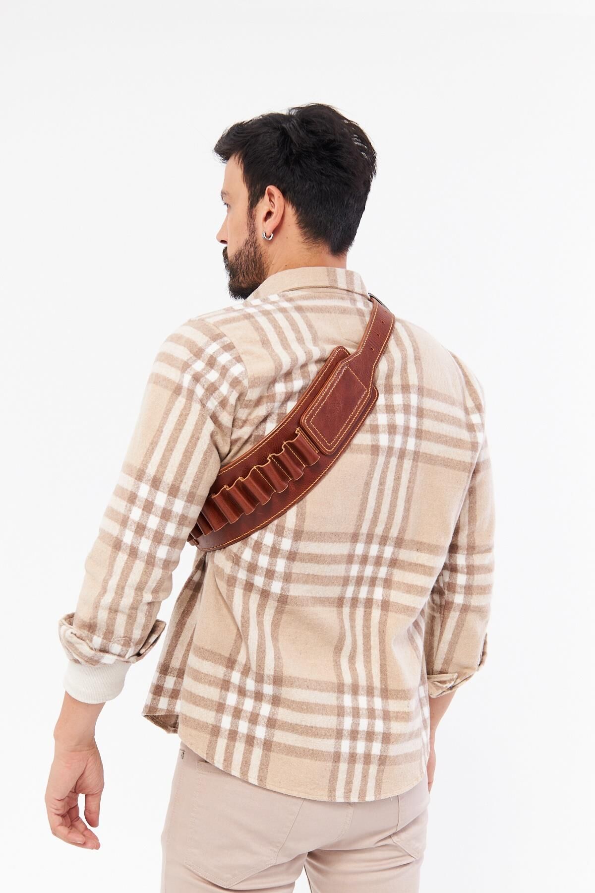 DERİNSS DUF0101 Hakiki Deri El İşciliği Taba 20'li Fişeklik