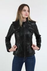 DERİNSS DKA1915 Hakiki Deri Kadın Siyah Mont